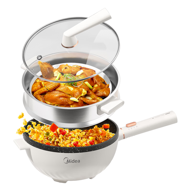 美的（Midea）电炒锅 电火锅 电蒸锅 电煮锅 家用多用途炒菜专用锅 4L一体电热锅不粘锅 HGE2811B 配蒸笼木铲