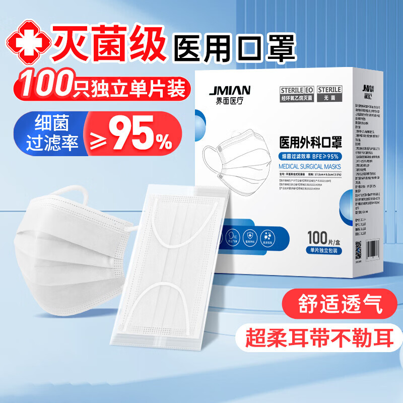 界面医疗一次性医用白色口罩灭菌独立包装成人三层防护透气2盒200片