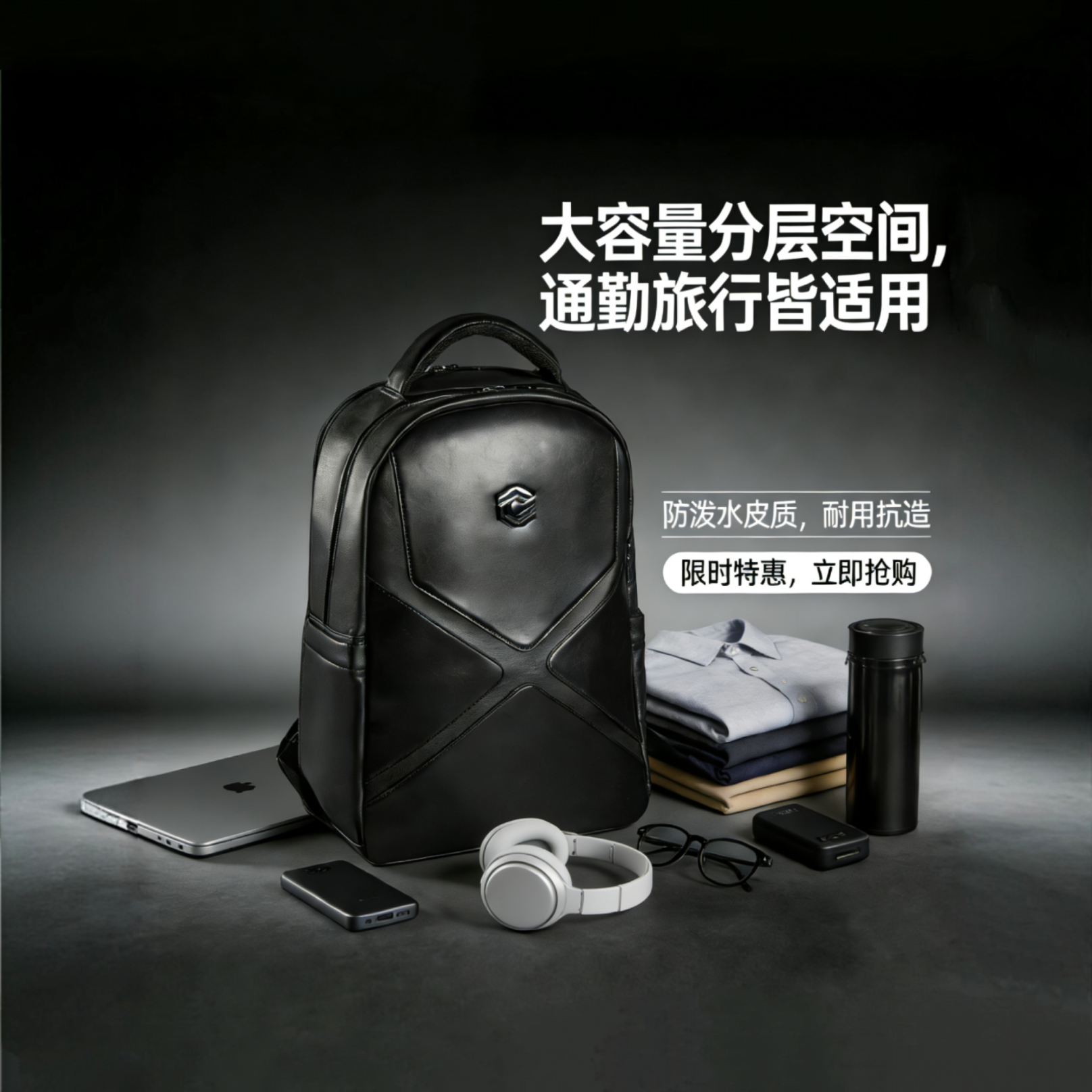 CHUMYUM男士背包真皮商务双肩包通勤电脑包旅行出差大容量背包学生书包 黑色 经典款