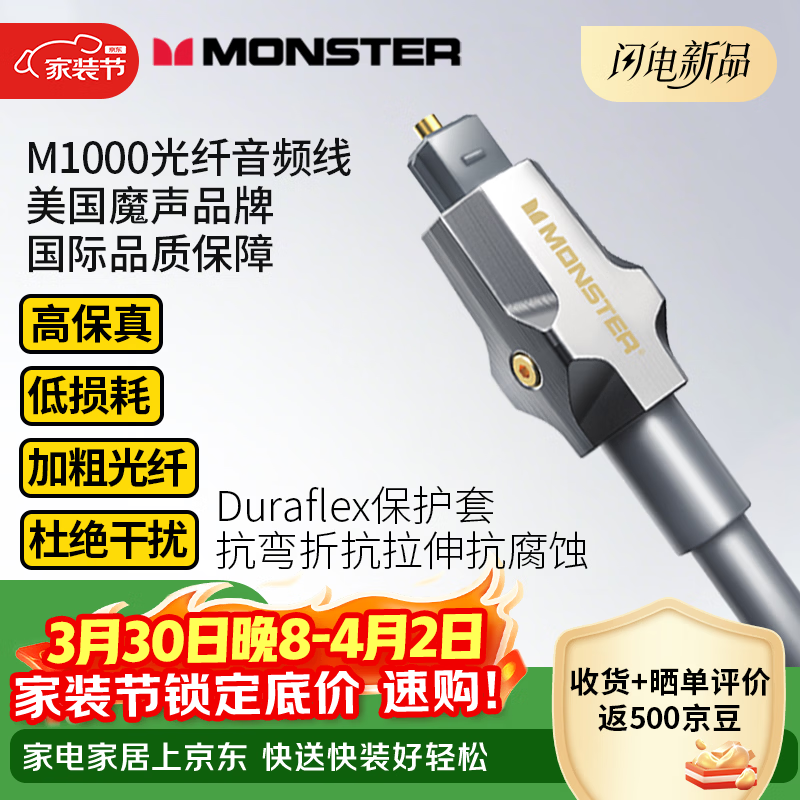 魔声（Monster）发烧级镀金接口数字光纤音频线 音箱线 方对方电视DVD功放投影仪音响家庭影院连接线M1000 1.5米