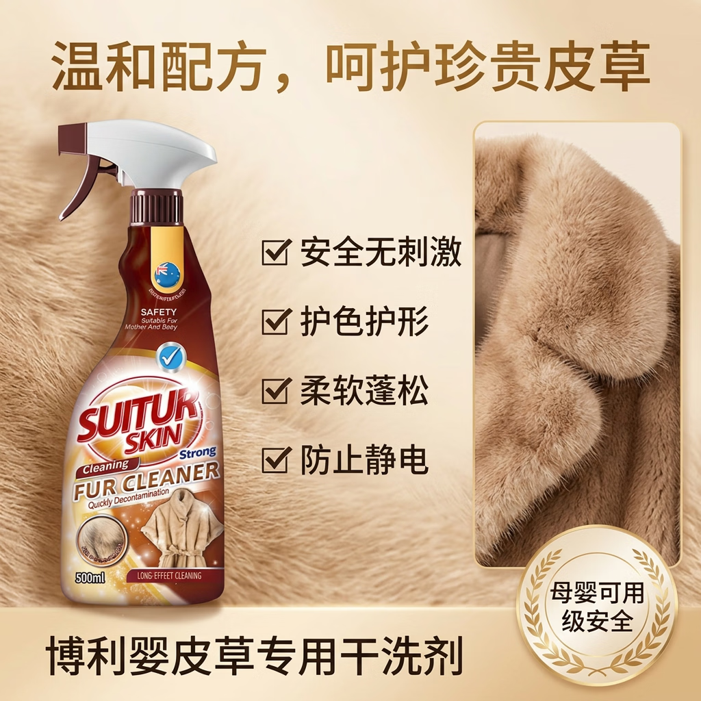 博利婴美国皮草干洗剂500ml 皮毛一体貂免洗羊羔毛剪绒专用清洁清洗去污 皮草清洁剂 1瓶 【貂毛/兔毛/羊毛可用】