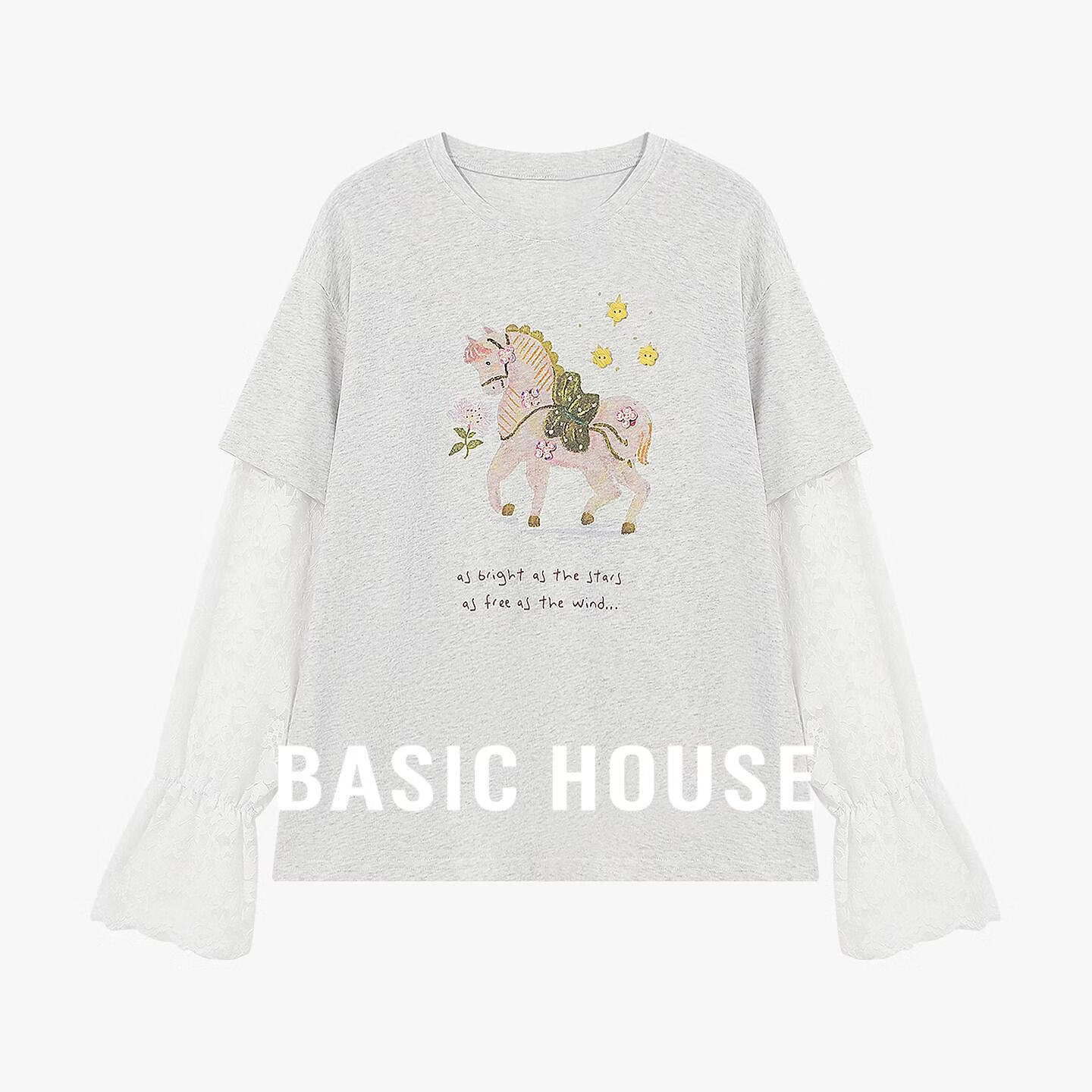 Basic House/百家好假两件蕾丝袖木马印花T恤女甜美减龄长袖上衣 浅灰色 均码 M(120-130斤)