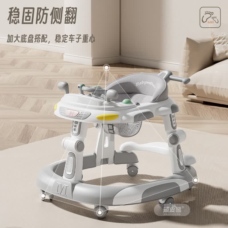 顽皮熊婴儿学步车新款多功能助步车宝宝学走路可推可坐可折叠可调节 612高配灰【餐盘+音乐盘+双推把+脚垫】
