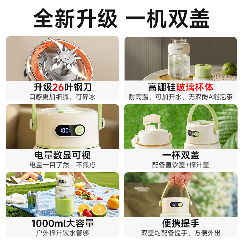 JIEXG榨汁机无线果蔬榨汁杯便携式迷你充电大容量加厚玻璃小型家用奶昔果汁机 1000ml【高硼硅玻璃】可碎冰+长续航