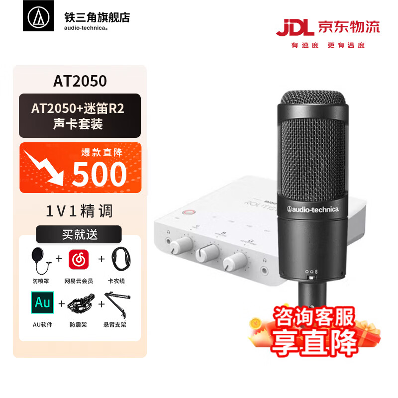 铁三角（Audio-technica） AT2050 电容麦克风 手机直播设备套装 K歌大合唱主播 录音话筒 专业音频设备 直播麦克风 AT2050+迷笛R2 OTG GEN II套装