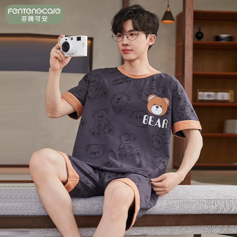 芬腾可安(FENTENGCARE)【N】男士圆领睡衣夏季卡通简约短袖短裤套装宽松大码休闲家居服 57062 M