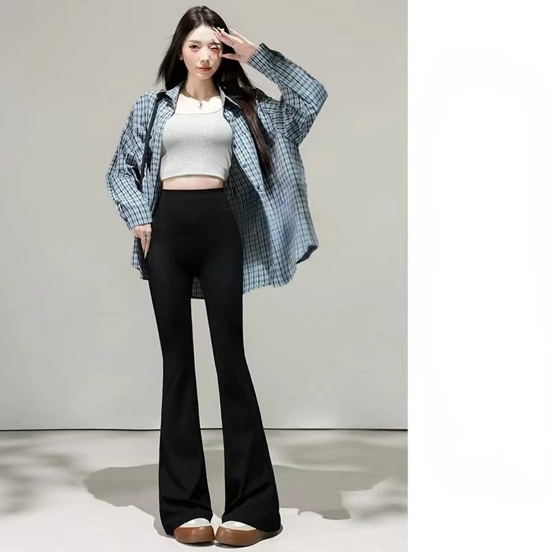 诗莉奥（SHILIAO）紧身修身显瘦显高健身瑜伽舞蹈鲨鱼皮打底外穿加长高个健美裤 黑色【喇叭四季薄款】 1条 L (105-130斤)