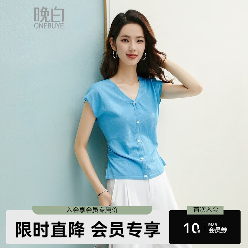 晚白【新品】2026年春款V领打底上衣亲肤舒适弹力套头针织衫女 蓝色 S