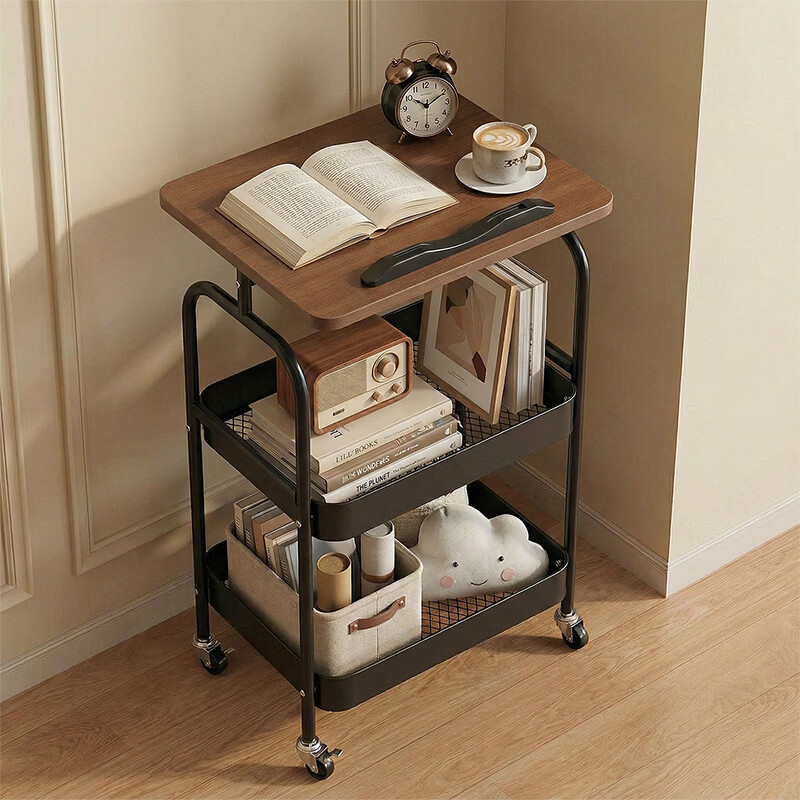 稻草熊落地收纳手推车多功能杂物置物架可移动多层收纳架小推车储物架子 胡桃板黑架