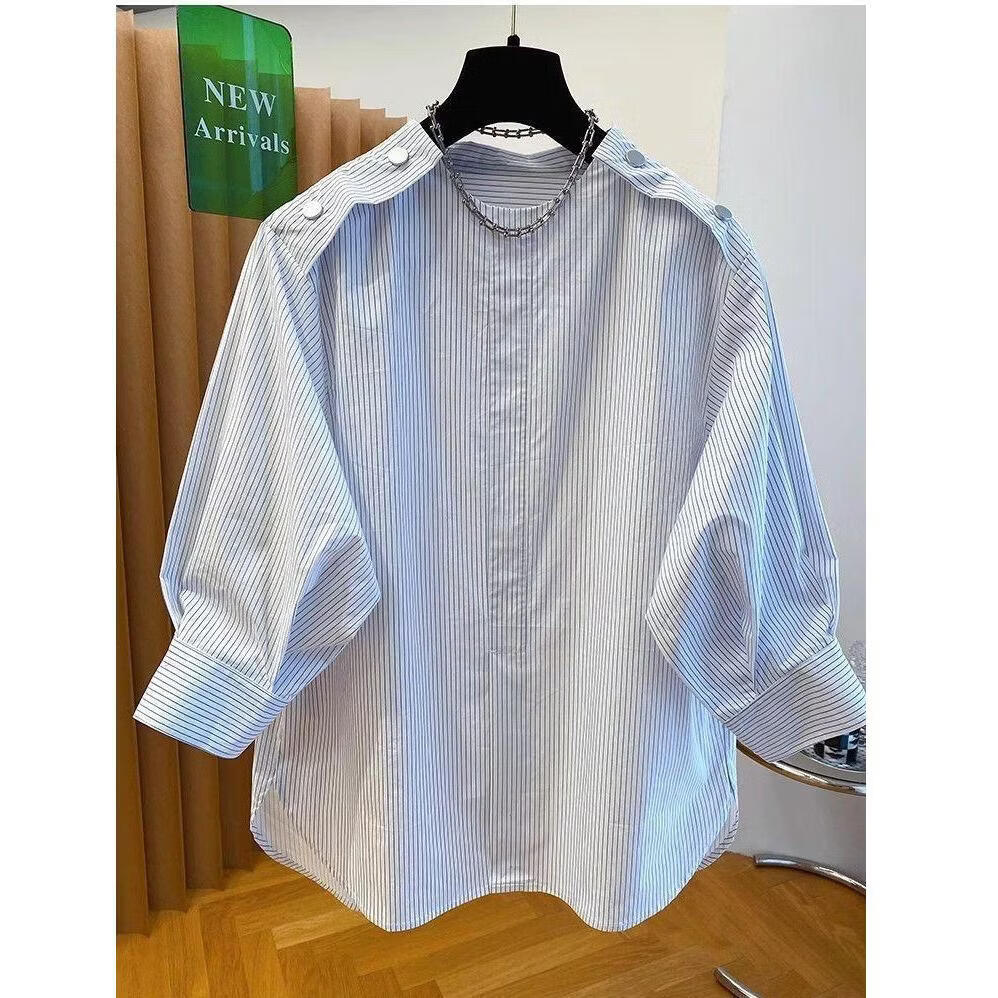【爆款热卖】2026夏季新款宽松百搭蓝色条纹圆领衬衫五分袖衬衫 蓝色条纹 M 【建议110-130斤】