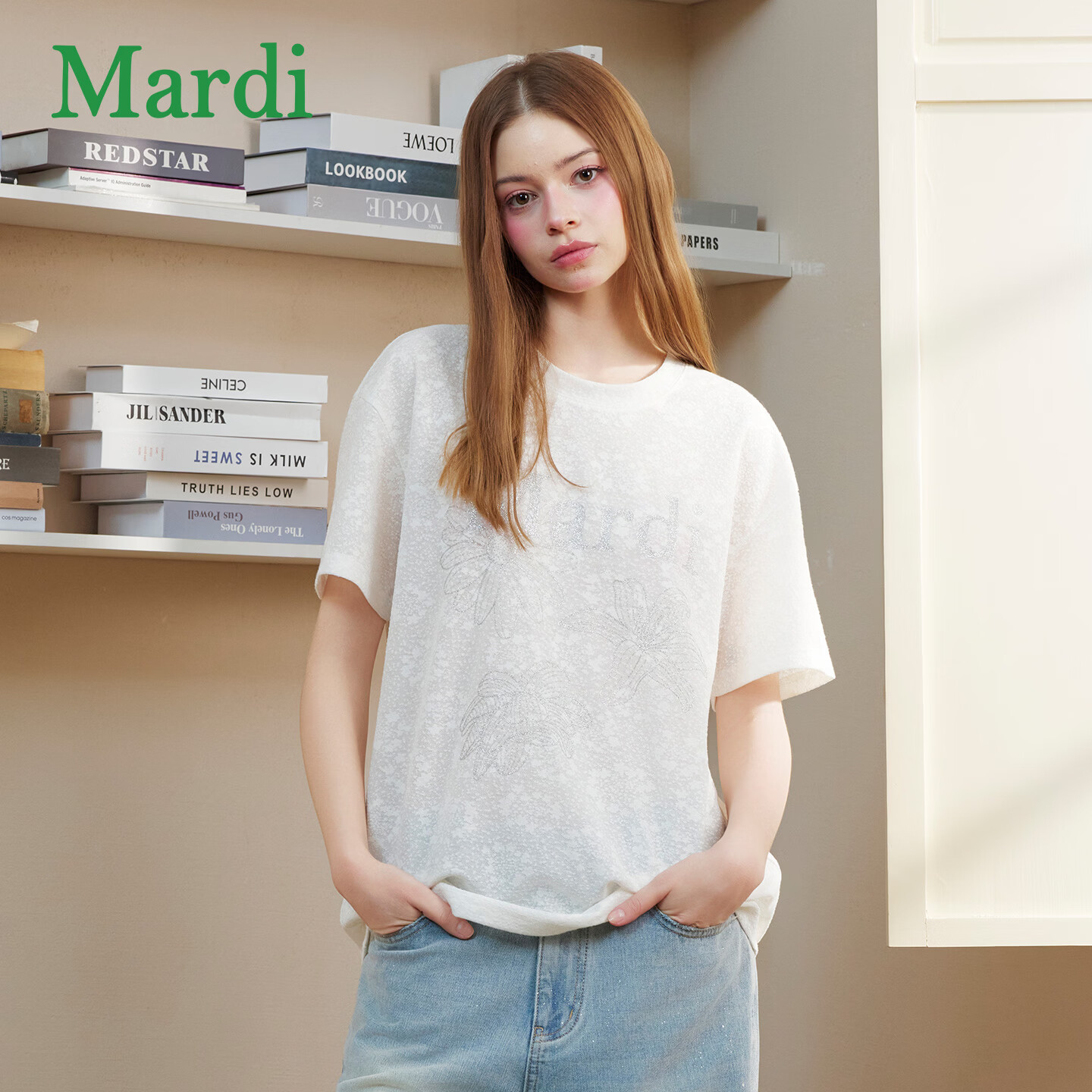 MARDI玛尔帝女装夏季字母圆领短袖T恤女简约休闲百搭小雏菊镂空白色114 米白色 L