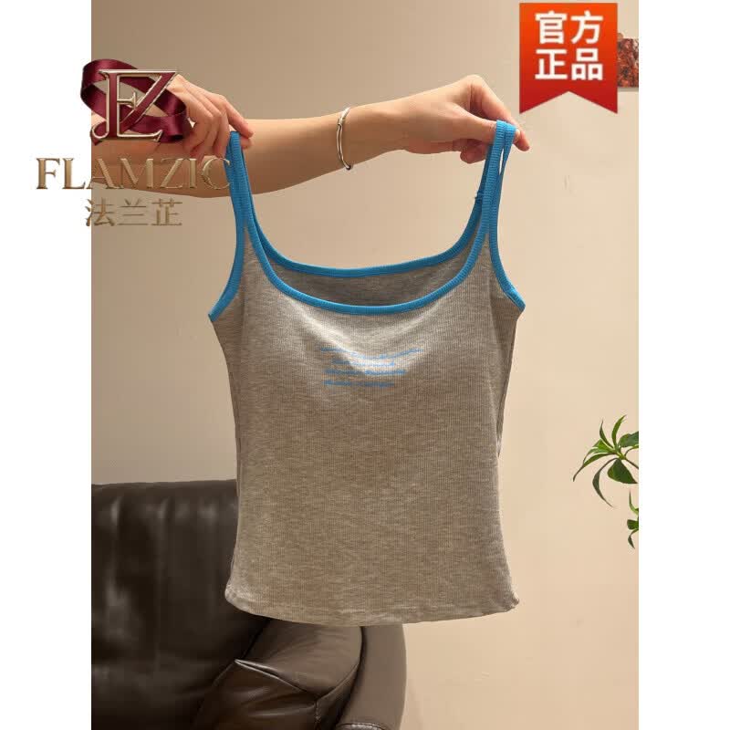 法兰芷(FLAMZIC)撞色字母印花镂空无袖吊带背心女2026夏季美背露肩带胸垫内搭上衣 日光白 M