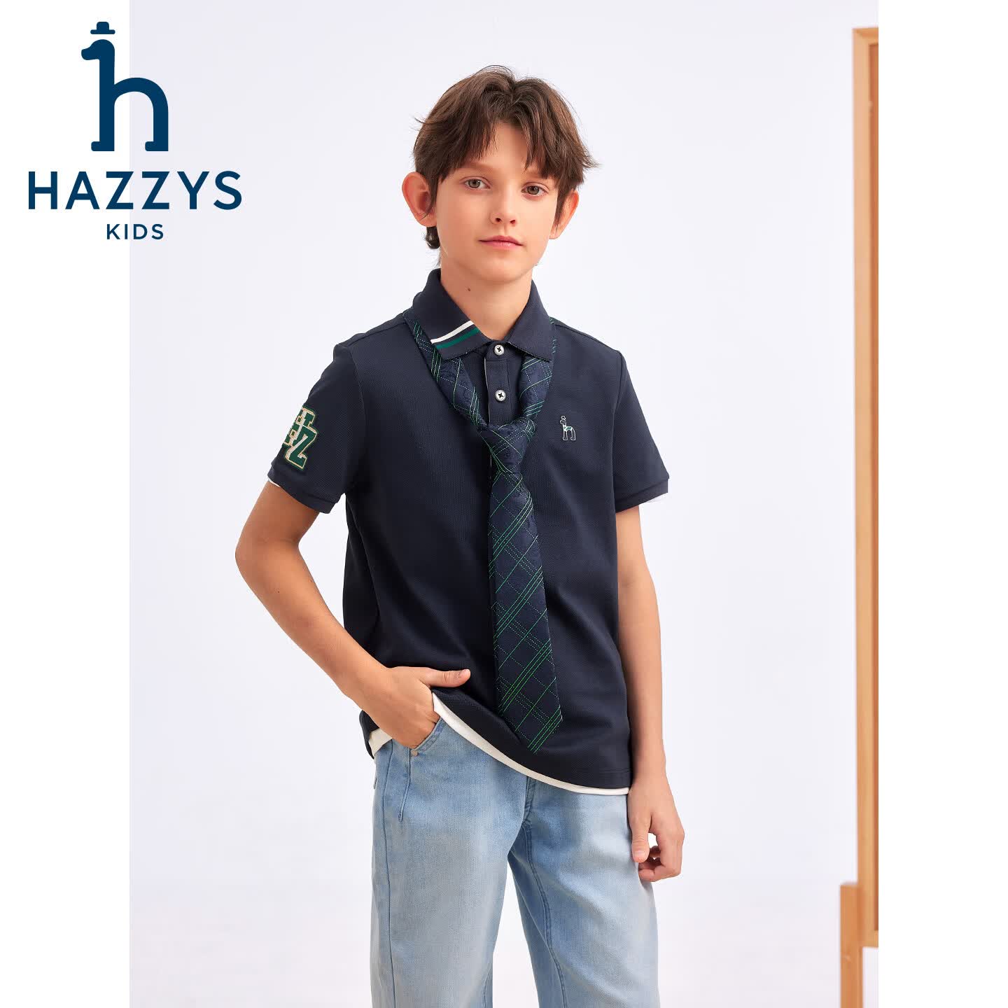 哈吉斯(HAZZYS)童装男童速干短袖POLO衫2026夏季新款大童学院风休闲简约透气T恤 藏蓝 160