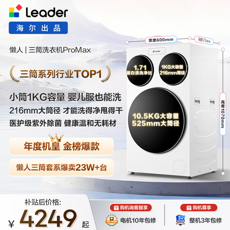 统帅（Leader）独家首发 海尔出品懒人三筒洗衣机ProMax 12.5KG滚筒全自动 内衣洗 三桶年度机皇 家电国家补贴697