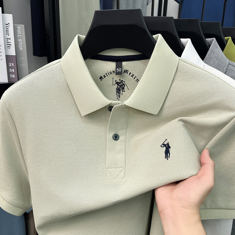 尺度保罗100%纯棉短袖T恤男士夏季薄款透气绣花商务休闲宽松大码POLO衫男 IG83318花灰 L 推荐120-135斤