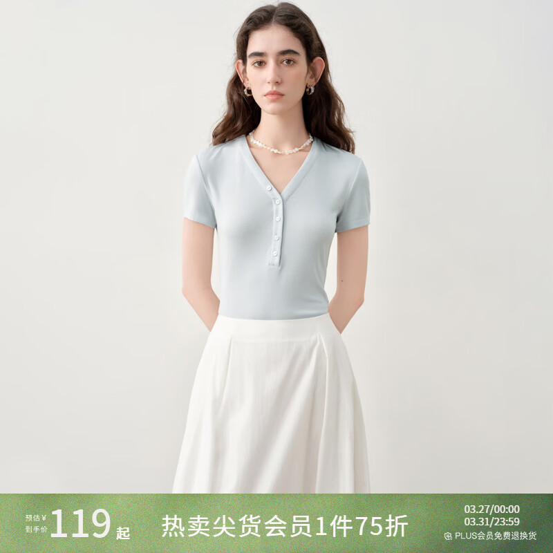 自巧小个子凉感针织三色修身V领半开襟T恤上衣女2026年夏季新品 水雾蓝 S （尺码：3）
