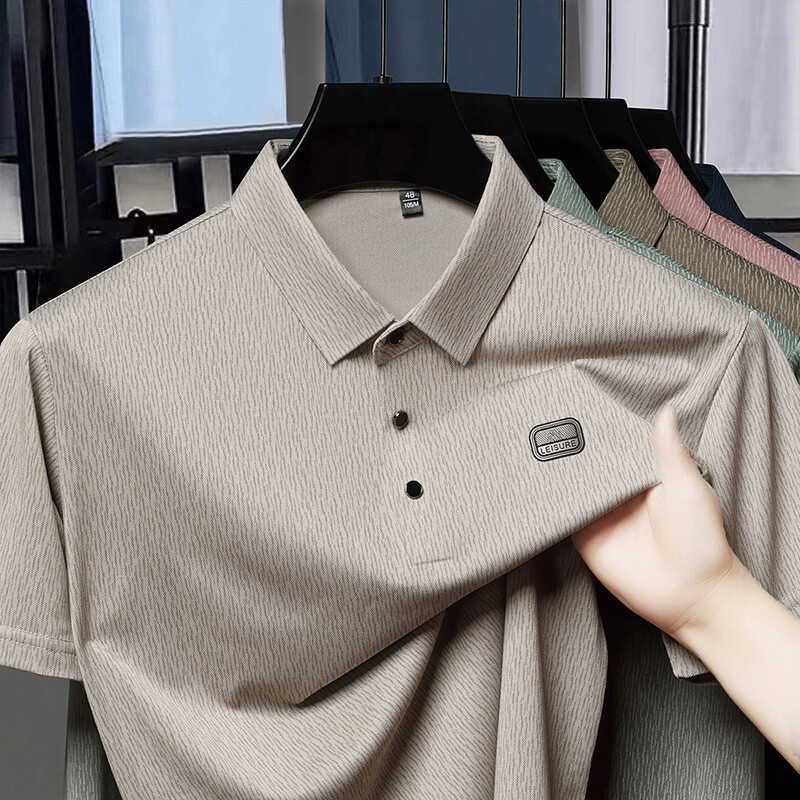 尺度保罗冰丝翻领短袖T恤男士夏季薄款免烫透气树皮纹印花宽松POLO衫上衣 AT2505米色 XL 推荐135-155斤