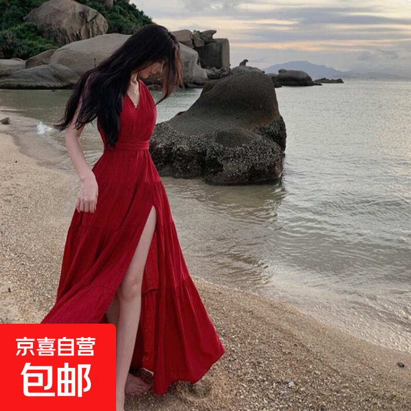 法式红色v领绑带挂脖连衣裙女海边度假绝美露背性感开叉显瘦长裙 酒红色 L