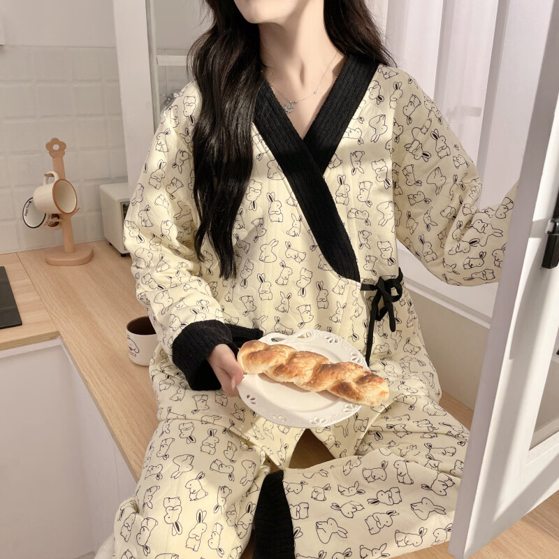 秋冬季空气棉月子服10月份孕妇睡衣���层纯棉哺乳衣产后待产家居服 38012#小灰兔 L(90-120斤)