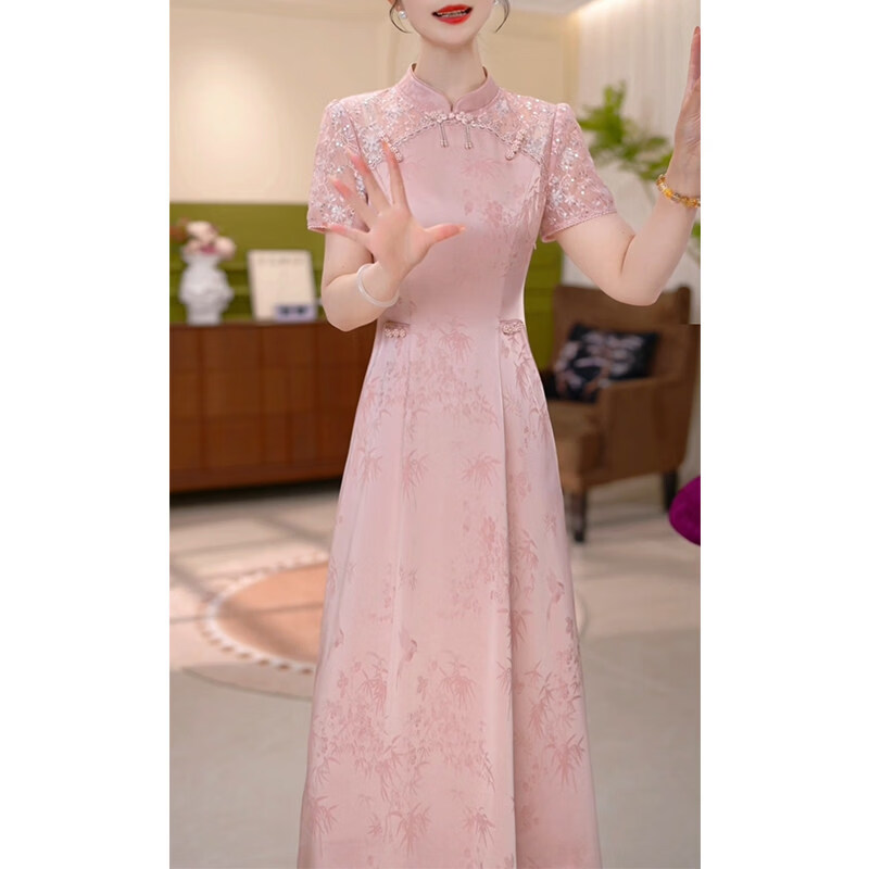 香影芬高档气质短袖改良旗袍连衣裙女2026夏季新款妈妈国风提花礼服裙子 图片色 XL (建议111-120斤) 京东折扣/优惠券