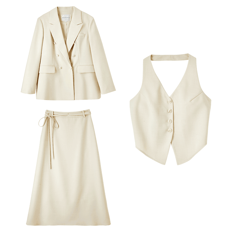 尚都比拉時尚西裝套裝女春秋款通勤西服外套馬甲A字裙子三件套 燕麥色 S