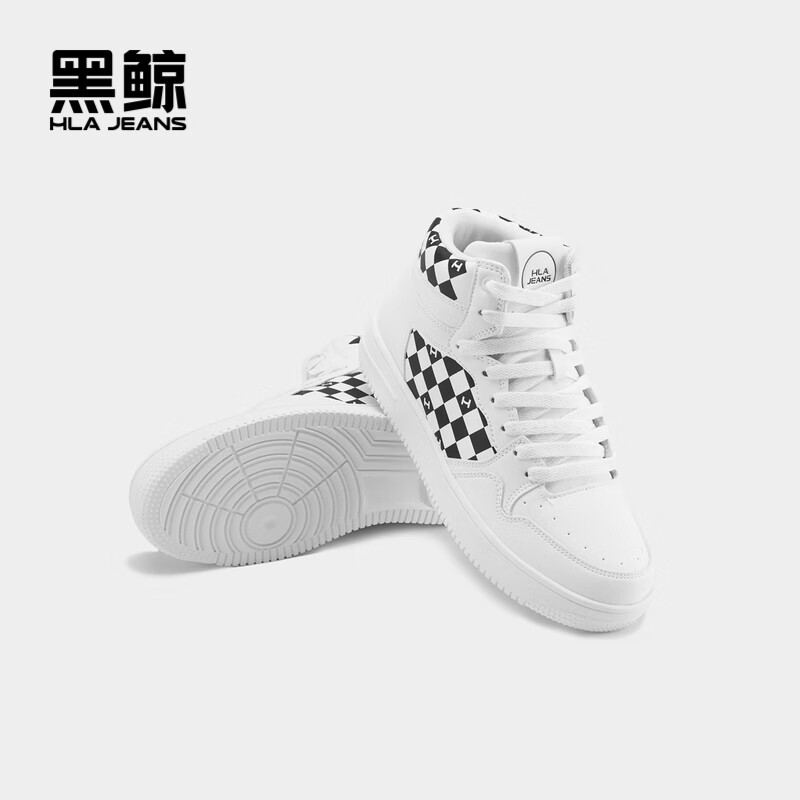 黑鲸棋盘格印花休闲鞋男2022年秋季系带中帮板鞋男商场同款 漂白镶拼