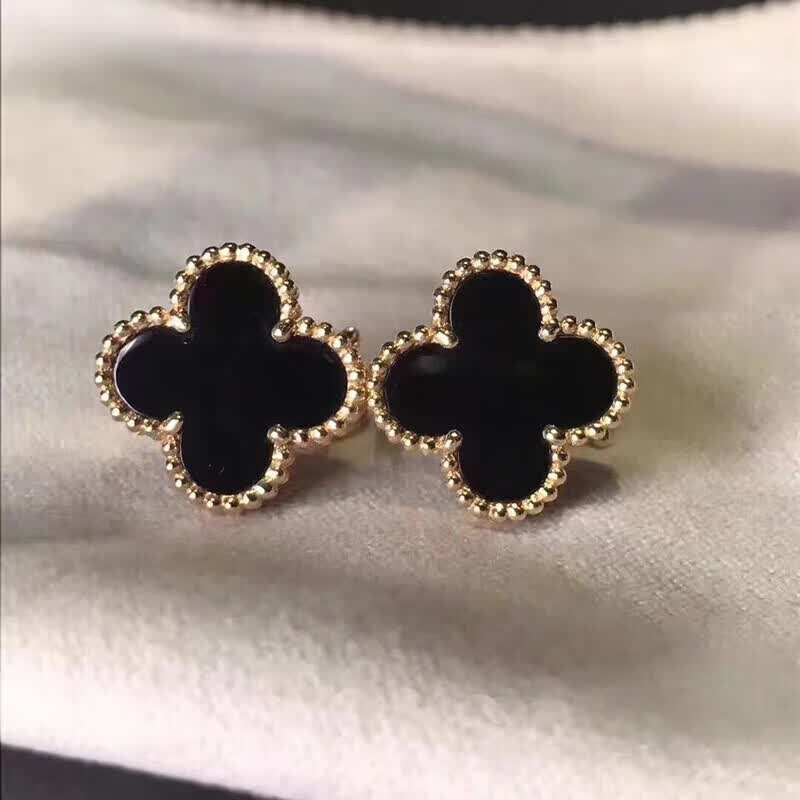 DR-FLVVS四叶草18K金耳钉 18k玫瑰天l然贝母红黑玛瑙针耳饰感百 耳钉黑色(18k金)