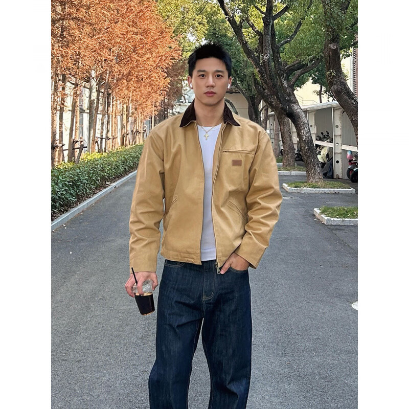 DEREJERINE卡其色短款底特律夹克男款春季美式复古翻领棒球服巴恩风工装夹克 卡其色 S 90-105斤可穿
