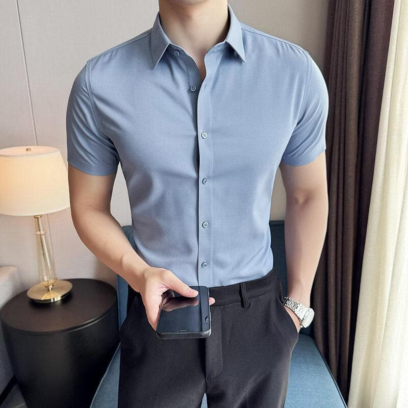 莫代尔商务休闲短袖衬衫男士薄款修身纯色免烫冰丝面料高级感衬衣 浅灰色 4XL