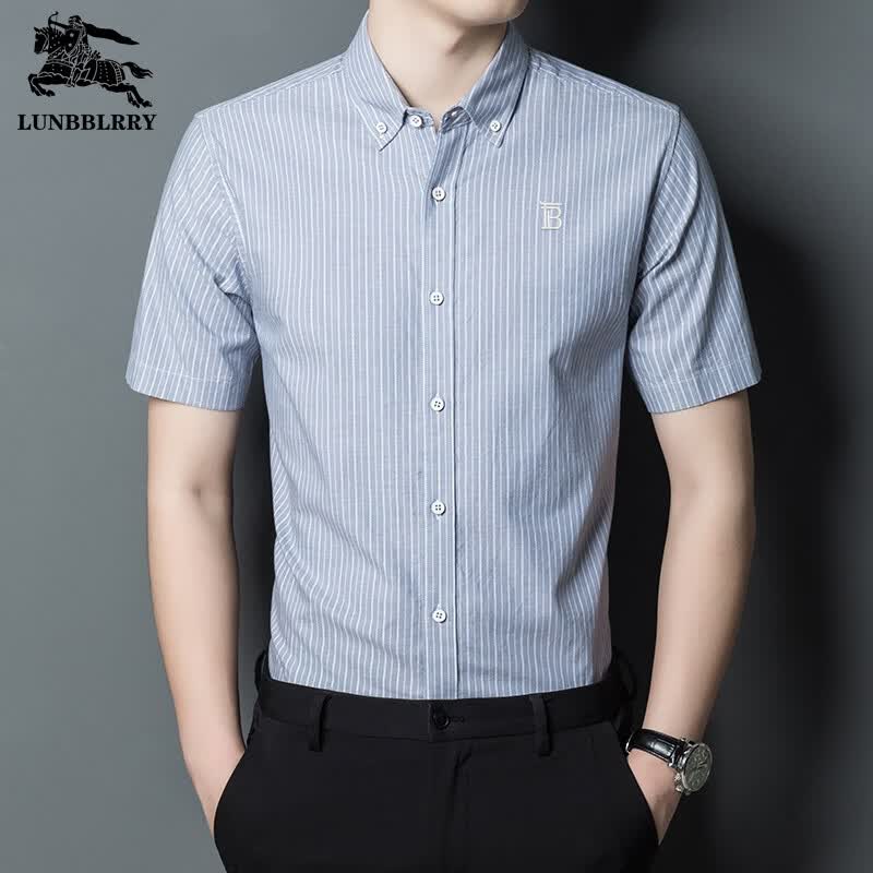 B PRORSUM巴宝莉正品高端夏季男士短袖衬衫纯棉条纹薄休闲商务免烫衬衣刺绣 十大奢侈品男装蓝条 2XL 185_100A适合体重170-190斤
