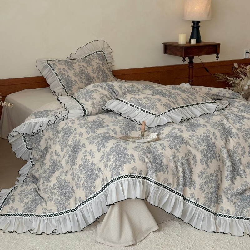 ROLAND LIVE清新文艺风棉麻四件套法式花边被套床单亲肤透气四季床上用品 WL 棉麻四件套-花枝缦 1.5米床 床单款 【被套200*230cm】