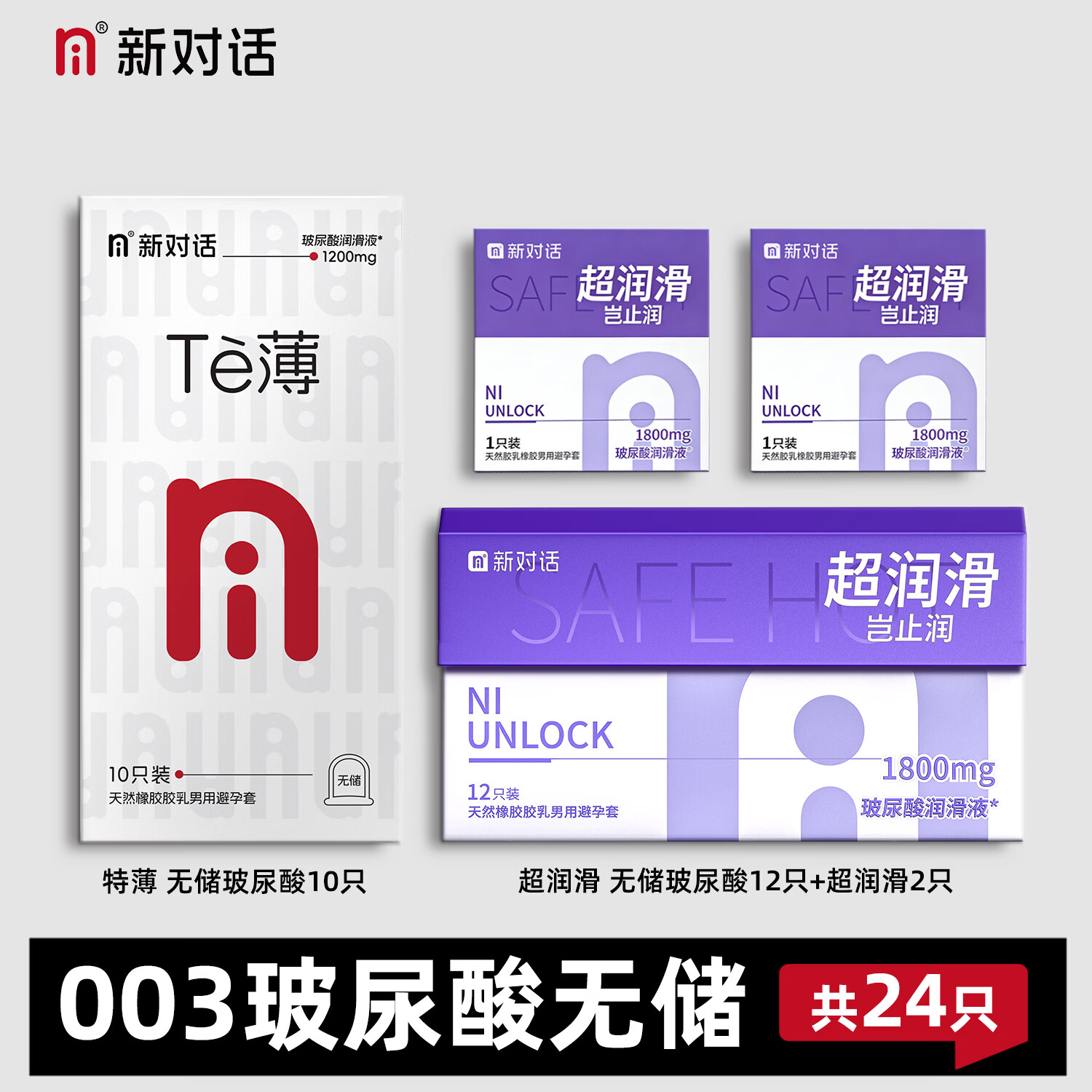 NI新对话避孕套te薄0.03无储精囊玻尿酸高潮女 戴新品安全套男用byt 超润滑无需前戏【共24只】特薄10+超润滑13