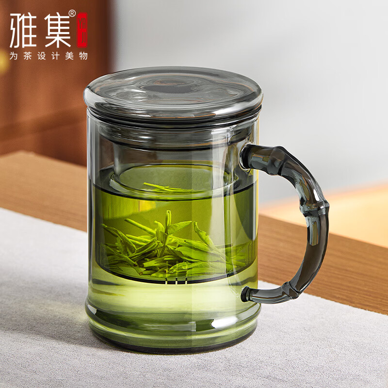 雅集茶具耐热新品墨竹玻璃杯过滤泡茶杯茶水分离烟灰480ml竹节把高款