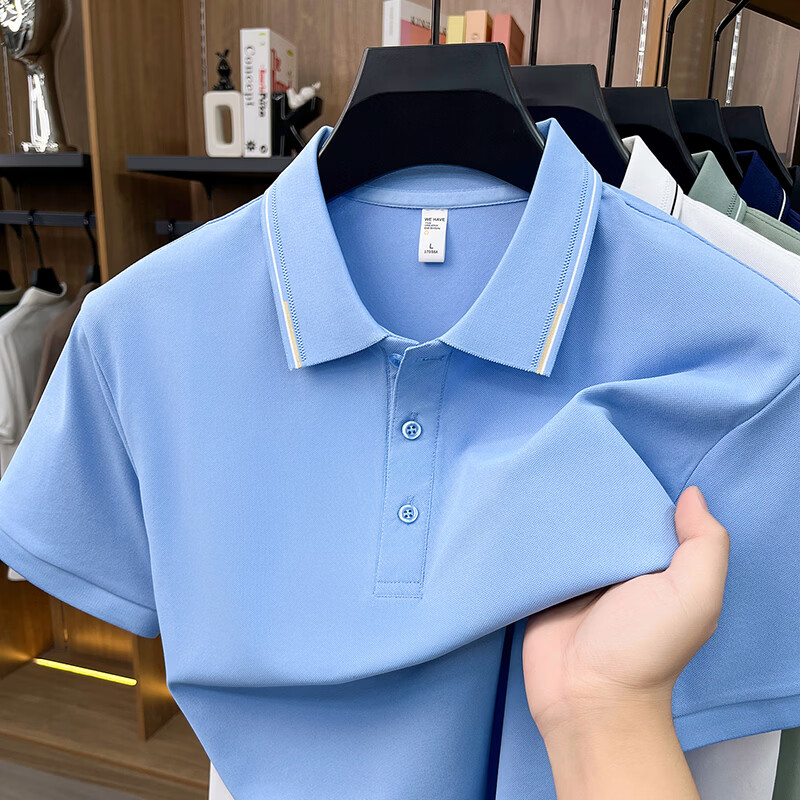 尺度保罗冰丝棉夏季翻领短袖T恤男士薄款宽松透气纯色百搭POLO衫大码上衣 BZ26601浅蓝 M 推荐90-120斤