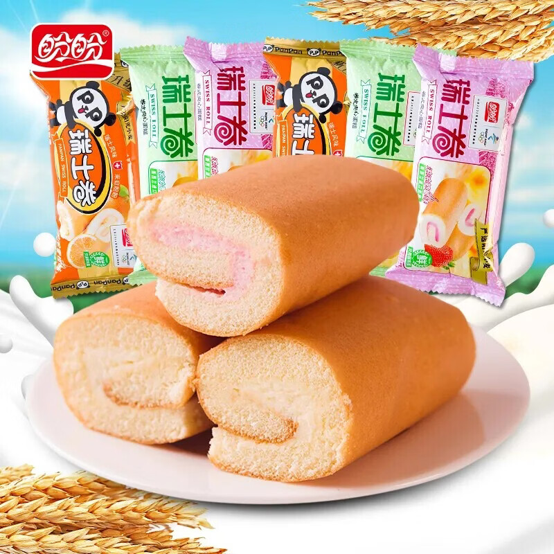 盼盼家庭号薯片虾条瑞士卷法式手撕小面包小蛋糕老面包奶香味吐司 【瑞士卷草莓味】500g约25枚