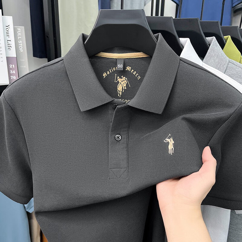 尺度保罗100%纯棉短袖T恤男士夏季薄款透气绣花商务休闲宽松大码POLO衫男 IG83318花灰 L 推荐120-135斤