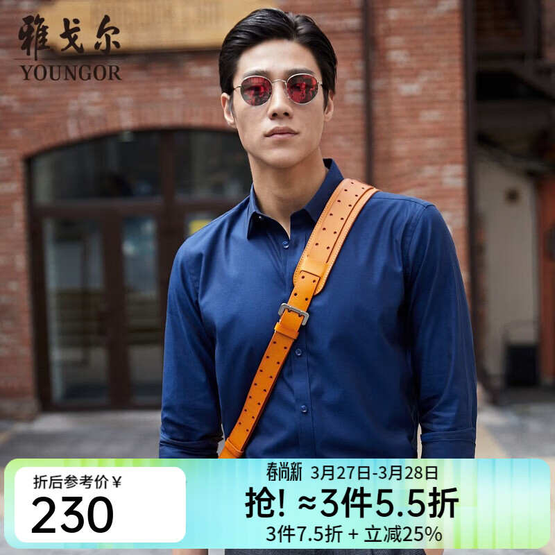 雅戈尔（YOUNGOR）长袖衬衫男素色DP免烫衬衫纯棉面料抗皱平整易打理新品 深蓝 41 （175/96A）