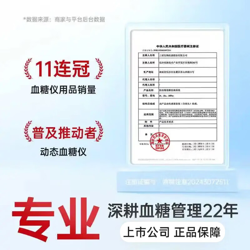 三诺爱看动态血糖仪二代i6手指免扎针家用15天持续血糖监测探头传感器 1盒【三诺爱看二代】