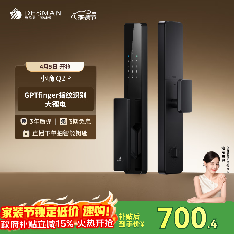 德施曼（DESMAN）智能门锁密码锁入户门 电子锁家用防盗指纹锁小嘀Q2P【一价全包】