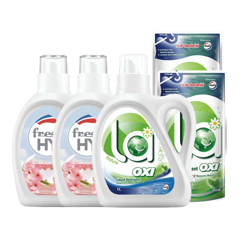威露士la有氧洗衣液4件套除菌除螨洁净 松木 1L*1瓶 +500ml*2袋+樱花1L*2