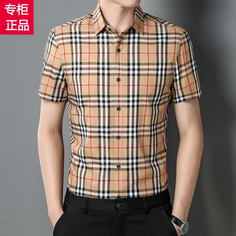 B PRORSUM巴宝莉正品长袖衬衫男士冰 丝格子休闲时尚感衬衣经典短袖上衣 卡其色_长袖_2201_纯棉 2XL _180_建议【150-170斤】