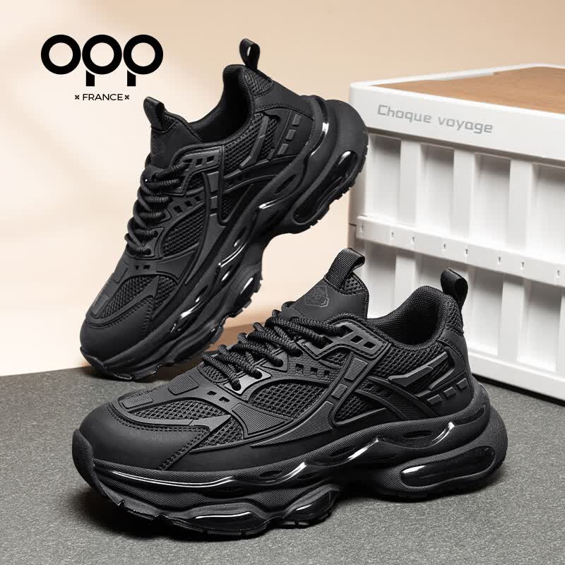 OPP男鞋夏季透气2026新款高级感老爹鞋男士运动鞋百搭休闲鞋软底增高 黑色 单层 44