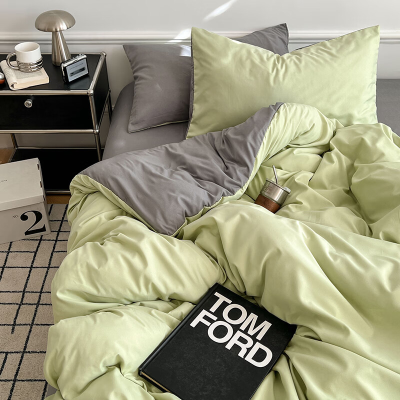 雅鹿ins简约水洗棉被套床单被罩学生宿舍三件套150x200双人纯色四件套 绿浅灰【10A抗菌 可裸睡】 2.0床单四件套 床单款 (被套200*230cm)