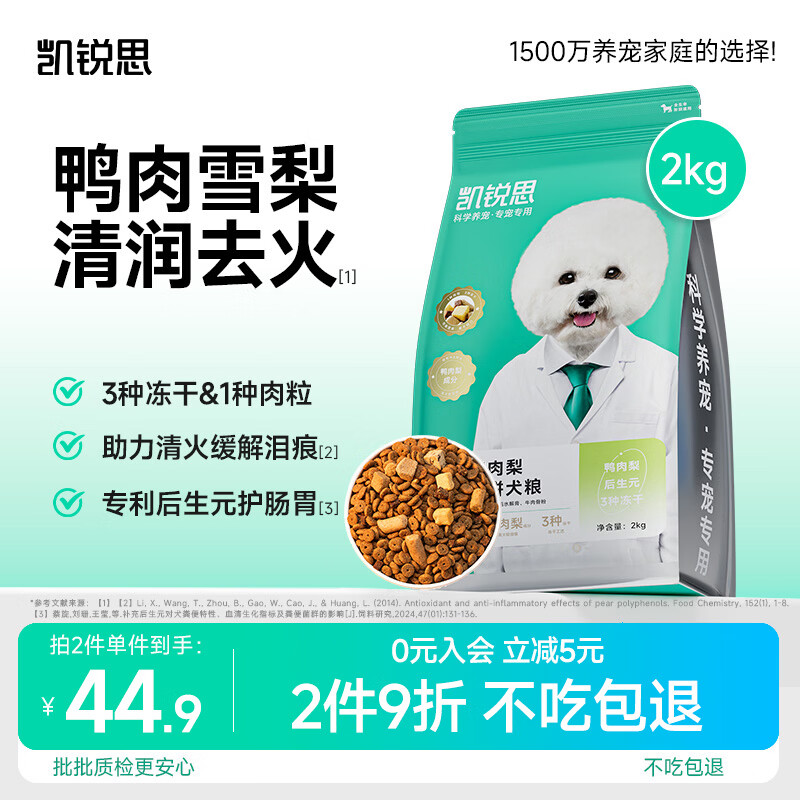 凯锐思泪痕专用 清火鸭肉梨五拼冻干狗粮通用犬粮中大型小型成犬幼犬2kg