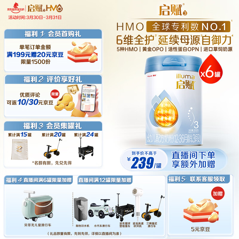 惠氏（Wyeth）启赋蓝钻【加量装】HMO幼儿配方奶粉3段(12-36月)850g*6罐 OPO