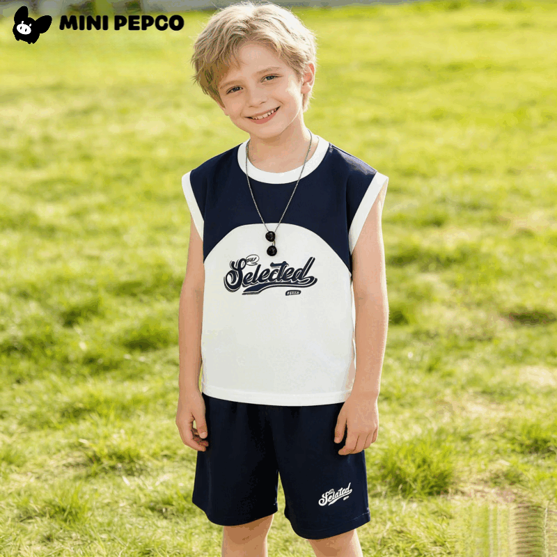 小猪班纳（PEPCO）夏季新款男童T恤韩版字母拼接无袖珠地儿童套装坎肩上衣五分裤子 KS珠地套装-藏青拼白 160