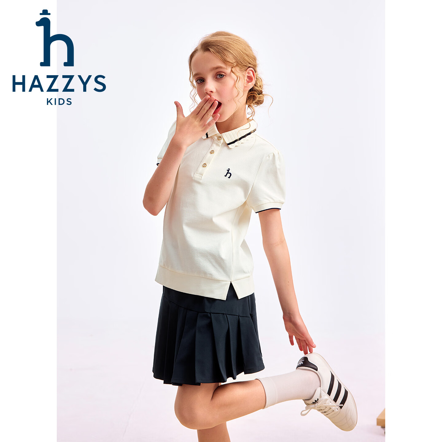 哈吉斯(HAZZYS)童装女童套装2026夏季新款大童甜美速干短袖polo衫学院风百褶短裙 米白色 145
