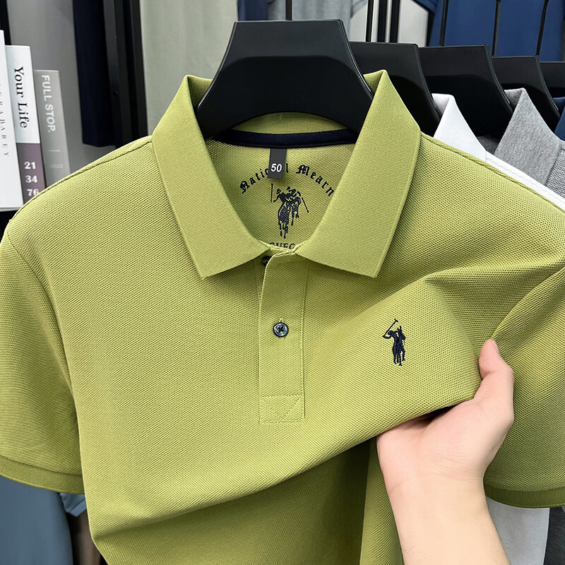 尺度保罗100%纯棉短袖T恤男士夏季薄款透气绣花商务休闲宽松大码POLO衫男 IG83318花灰 L 推荐120-135斤