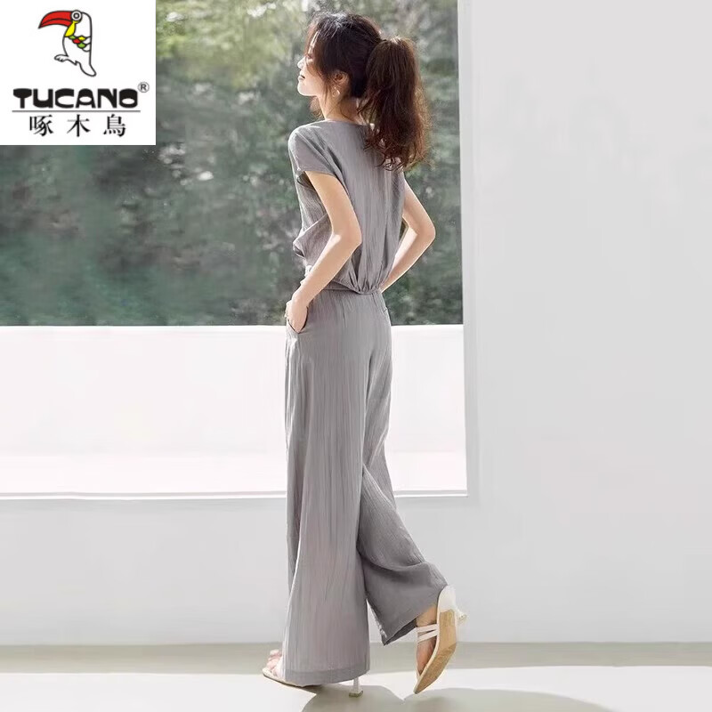啄木鸟（TUCANO）轻薄透气穿搭一整套女夏季时髦洋气宽松无袖上衣阔腿长裤两件套装 灰色 【上衣+长裤】 M 建议【100-110斤】
