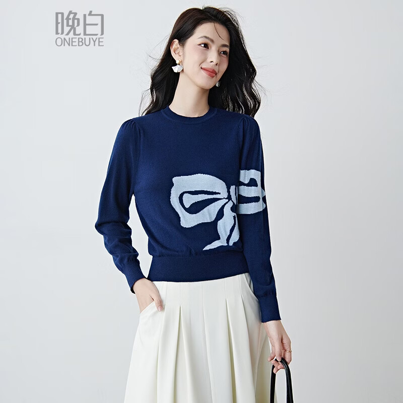 晚白2026春款时尚撞色高温洗烘定型圆领上衣蝴蝶结印花宽松显瘦针织衫 蓝色 L